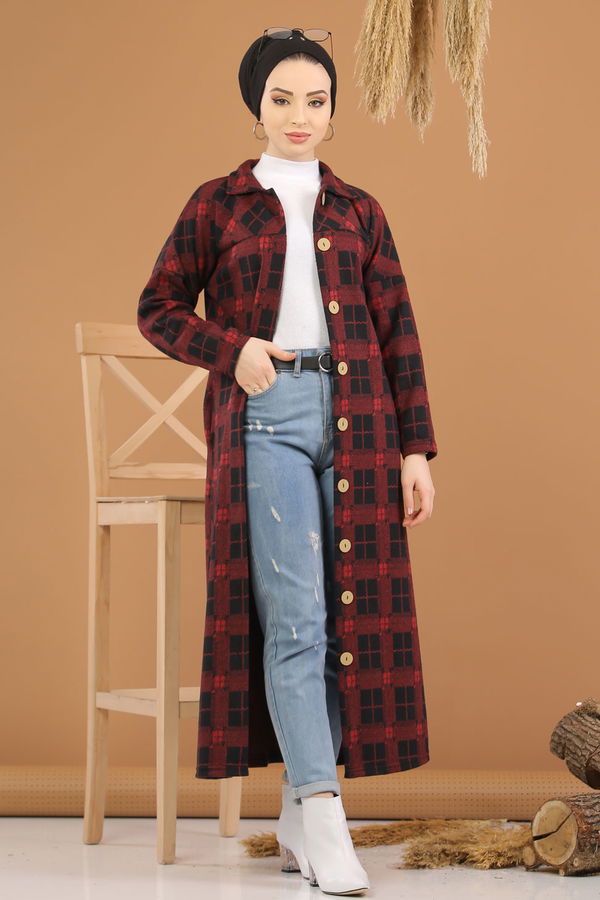 Dügmeli Hırka Haki  Bordo - 5237