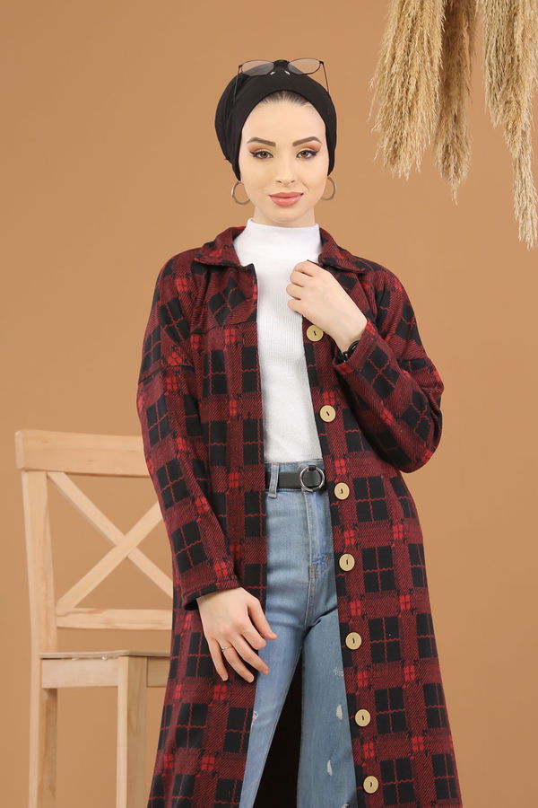 Dügmeli Hırka Haki  Bordo - 5237