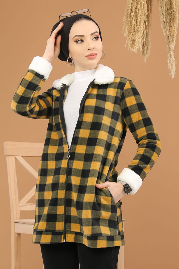 Ekose Polar Hırka Haki  Sarı - 7927