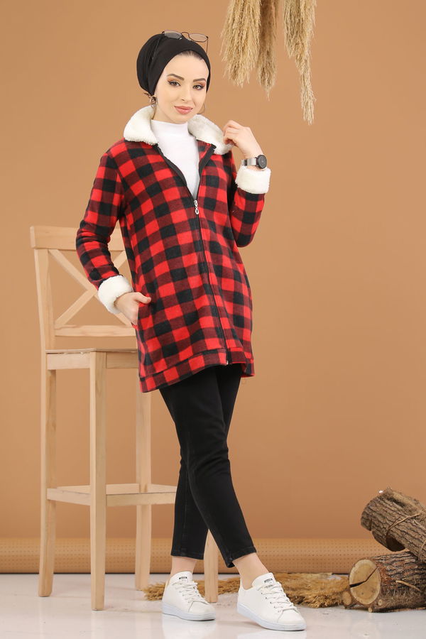 Ekose Polar Hırka Haki  Bordo - 7927 BORDO