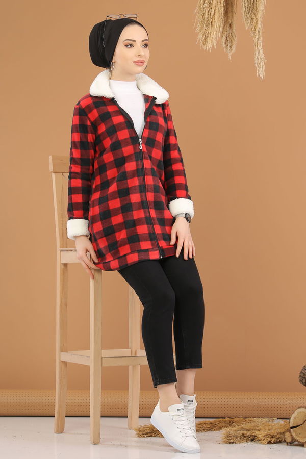 Ekose Polar Hırka Haki  Bordo - 7927 BORDO