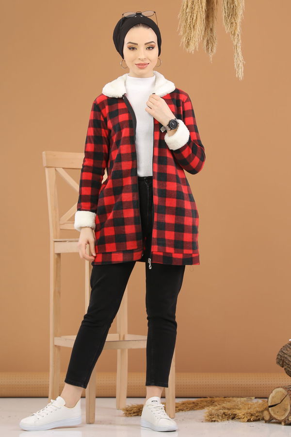 Ekose Polar Hırka Haki  Bordo - 7927 BORDO