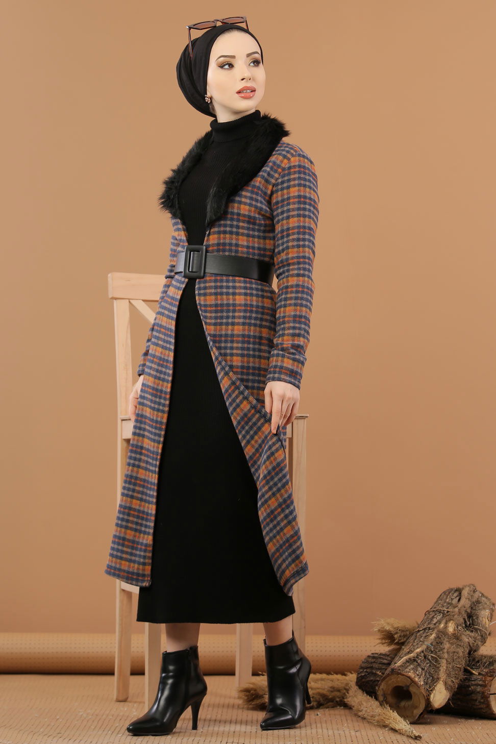 Kürk Detay Kap İndigo - 8263 Mavi - 8263 MAVİ