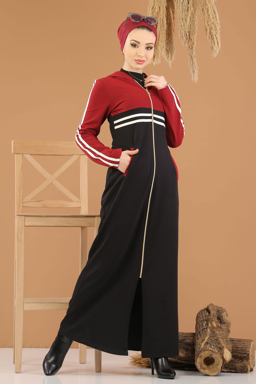 Fermuarlı Hırka Laci Bordo Siyah - 5181 SİYAH