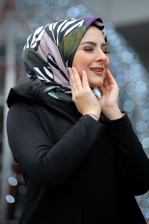 Desenli Şal Siyah  Haki - 8276 HAKİ