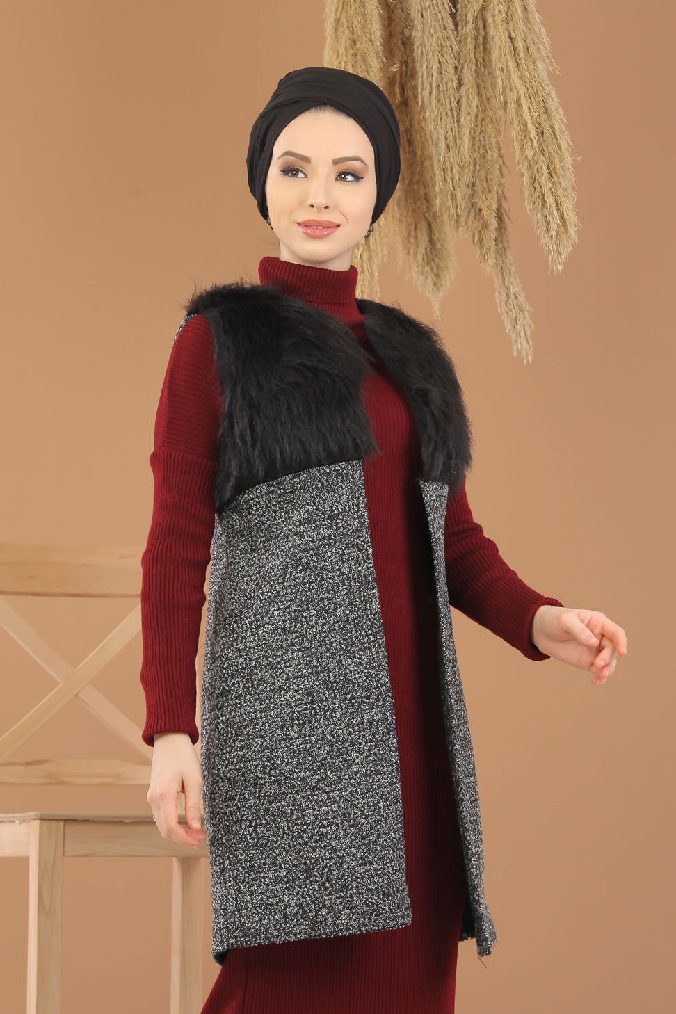 Kürk Detay Yelek Siyah  Gri - 1330