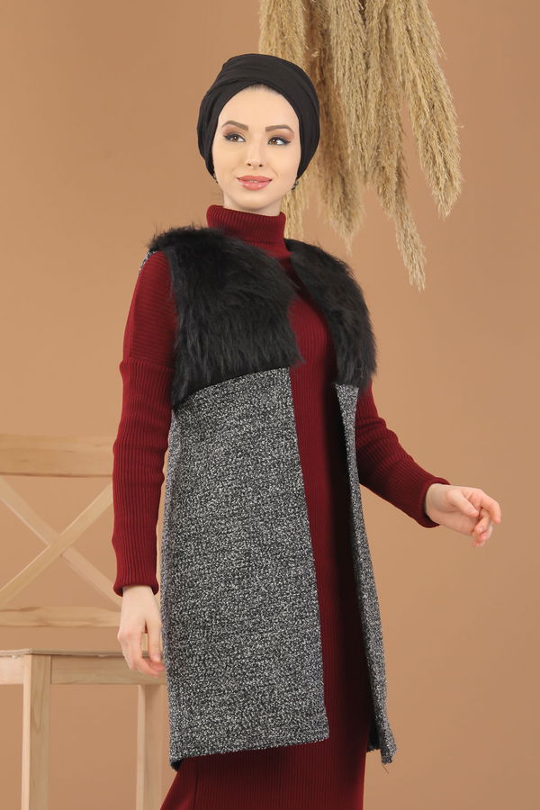 Kürk Detay Yelek Siyah  Gri - 1330