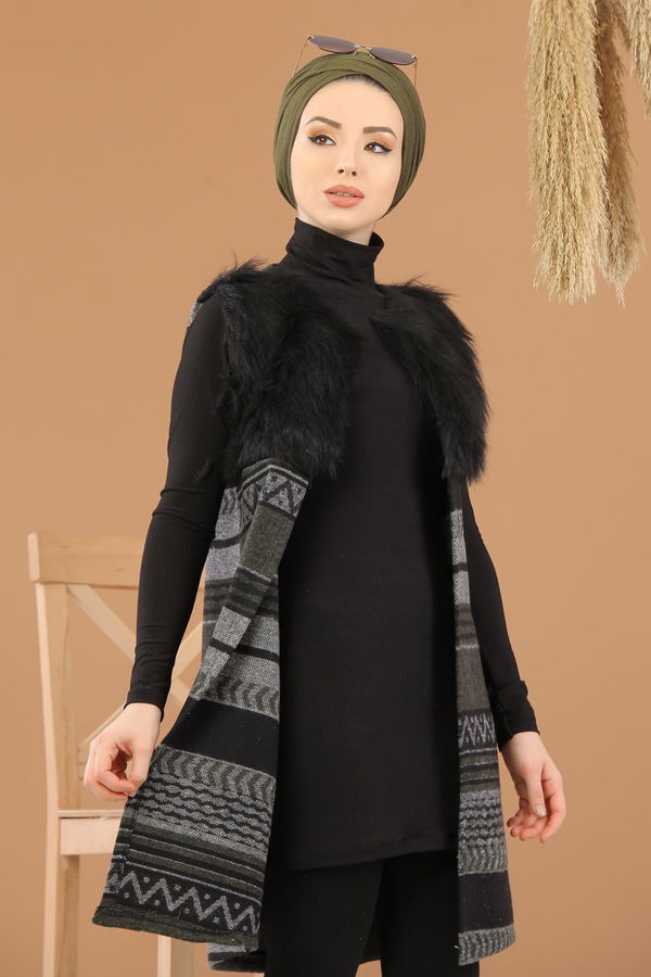 Kürk Detay Yelek Haki  Gri - 8186 GRİ