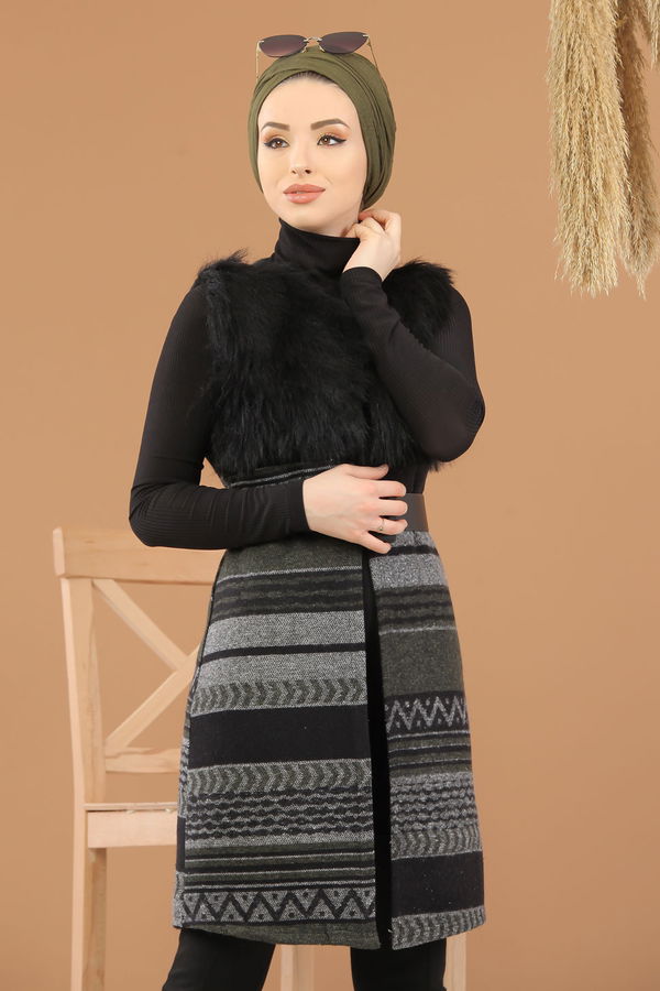 Kürk Detay Yelek Haki  Gri - 8186 GRİ