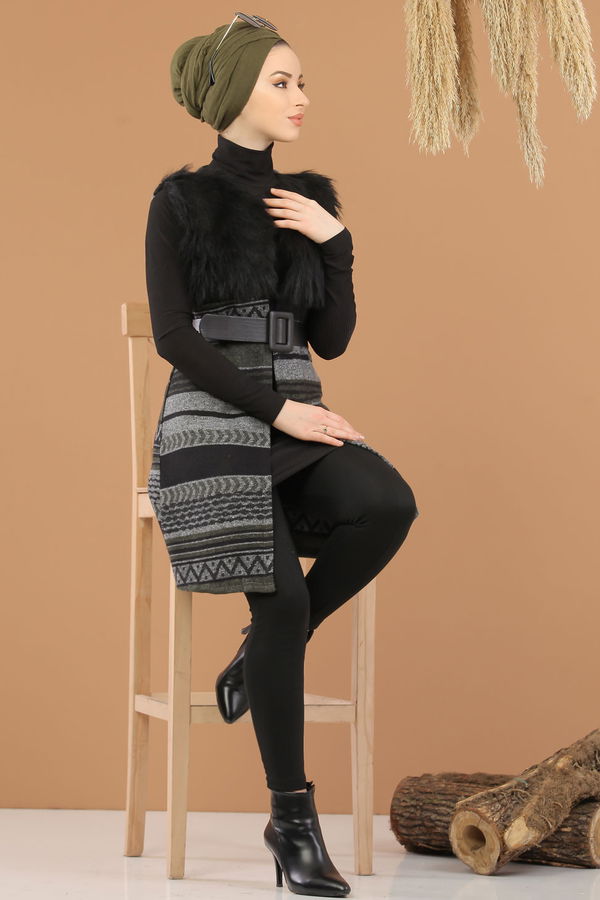Kürk Detay Yelek Haki  Gri - 8186 GRİ