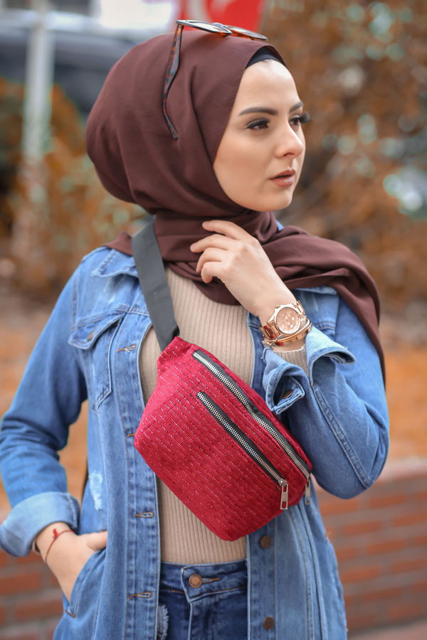 Kadın Bordo Kadife Bel Çanta Siyah  - 8218