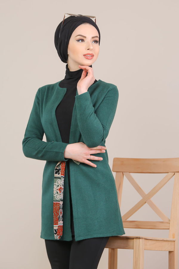 1358 ÇİÇEK KUŞAKLI KAŞE CEKET Yeşil - 1358 YEŞİL