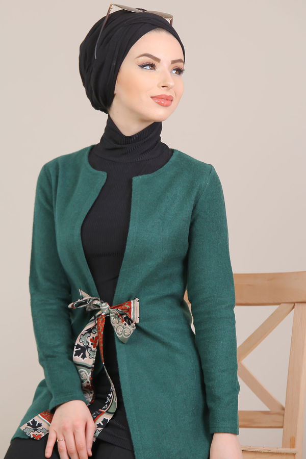 1358 ÇİÇEK KUŞAKLI KAŞE CEKET Yeşil - 1358 YEŞİL