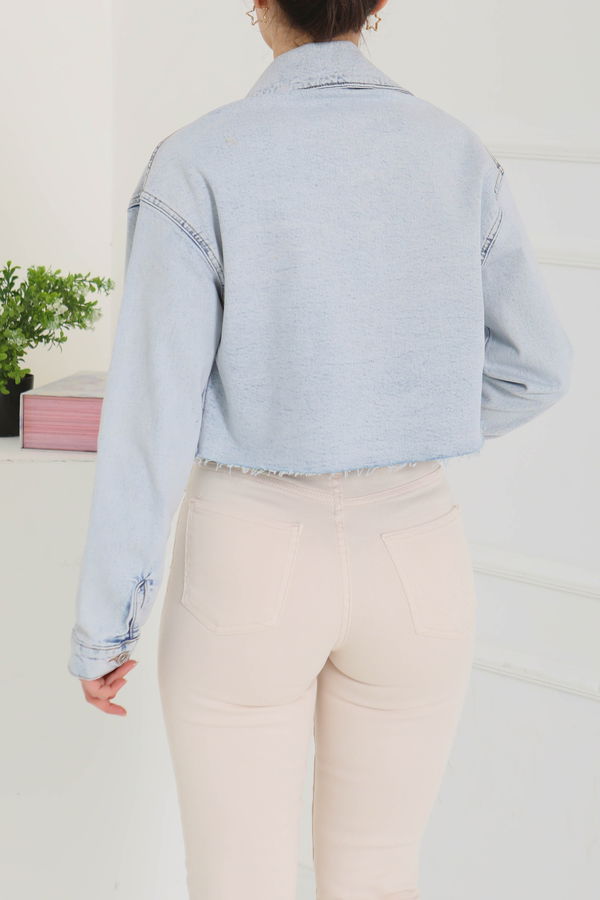 Kadın Çift Cepli Lazer Kesim Crop Kot Ceket  - 26582