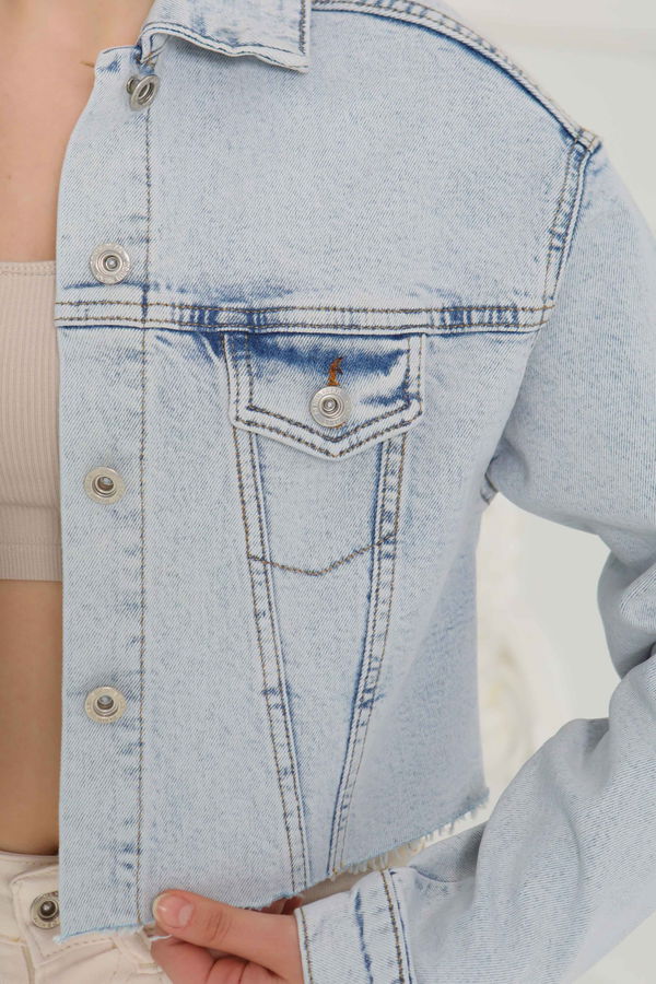 Kadın Çift Cepli Lazer Kesim Crop Kot Ceket  - 26582