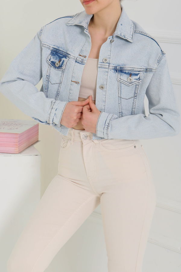 Kadın Çift Cepli Lazer Kesim Crop Kot Ceket  - 26582