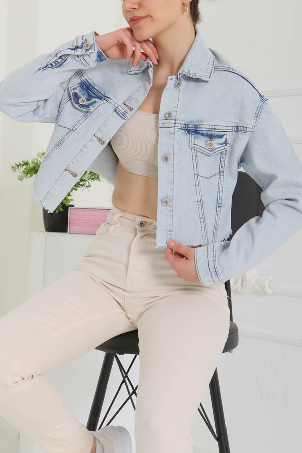 Kadın Çift Cepli Lazer Kesim Crop Kot Ceket  - 26582