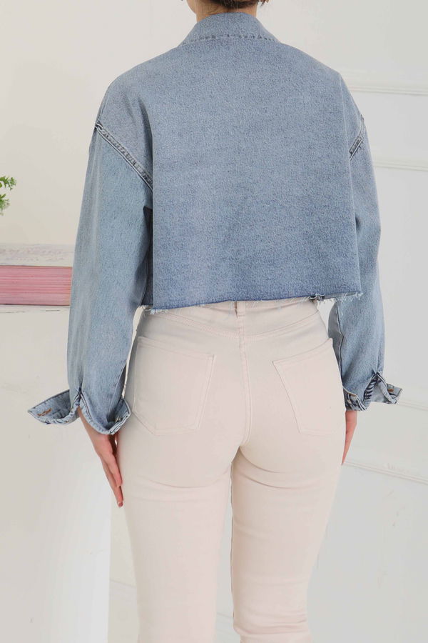 Kadın Çift Cepli Lazer Kesim Crop Kot Ceket  - 26582