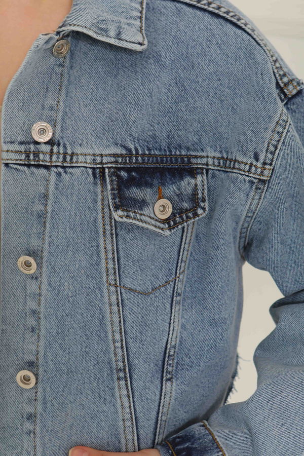 Kadın Çift Cepli Lazer Kesim Crop Kot Ceket  - 26582