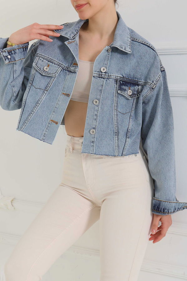 Kadın Çift Cepli Lazer Kesim Crop Kot Ceket  - 26582