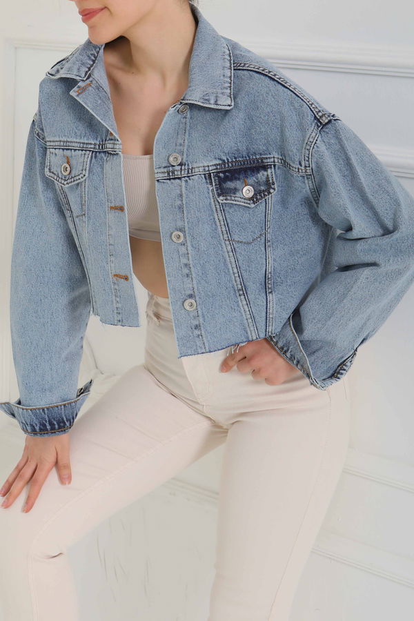 Kadın Çift Cepli Lazer Kesim Crop Kot Ceket  - 26582