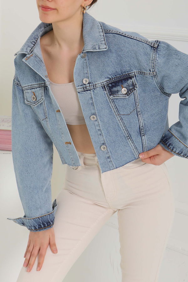 Kadın Çift Cepli Lazer Kesim Crop Kot Ceket  - 26582