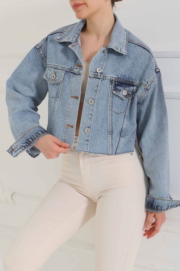Kadın Çift Cepli Lazer Kesim Crop Kot Ceket  - 26582