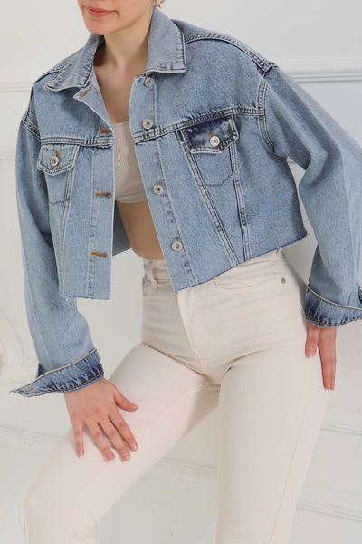 Kadın Çift Cepli Lazer Kesim Crop Kot Ceket  - 26582