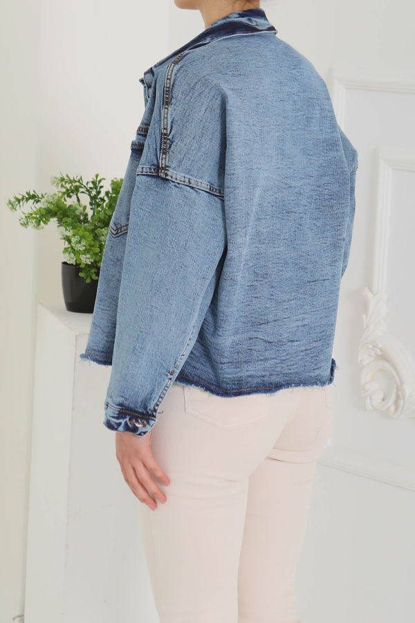 Kadın Oversize Püskül Detay Yaka Cep Kot Ceket - 26580