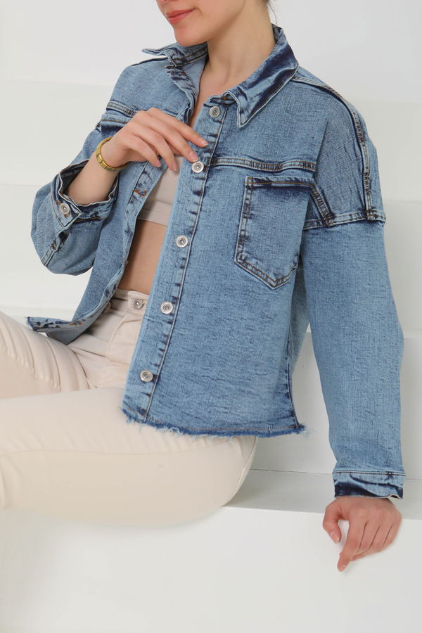 Kadın Oversize Püskül Detay Yaka Cep Kot Ceket - 26580