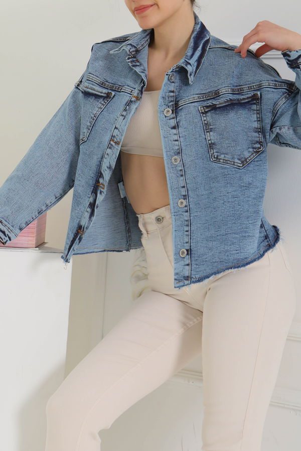 Kadın Oversize Püskül Detay Yaka Cep Kot Ceket - 26580