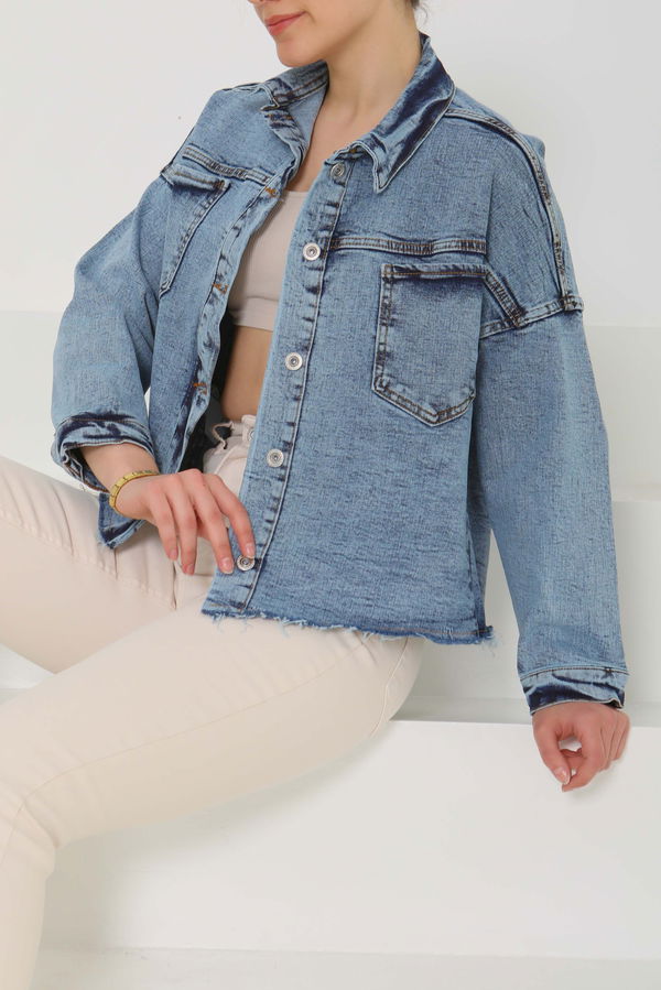 Kadın Oversize Püskül Detay Yaka Cep Kot Ceket - 26580