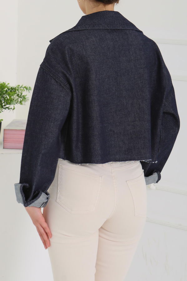 Kadın Çift Cepli Lazer Kesim Crop Kot Ceket  - 26582