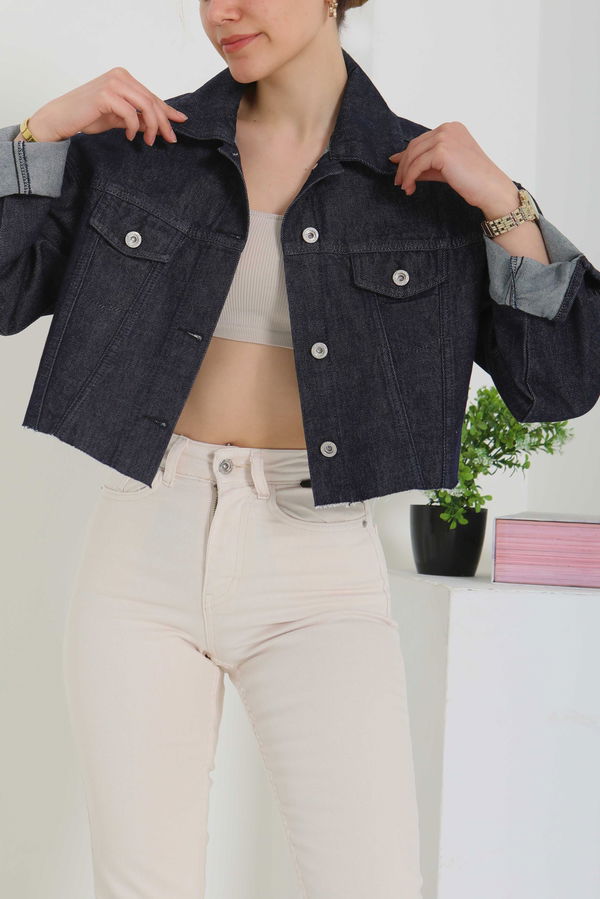 Kadın Çift Cepli Lazer Kesim Crop Kot Ceket  - 26582