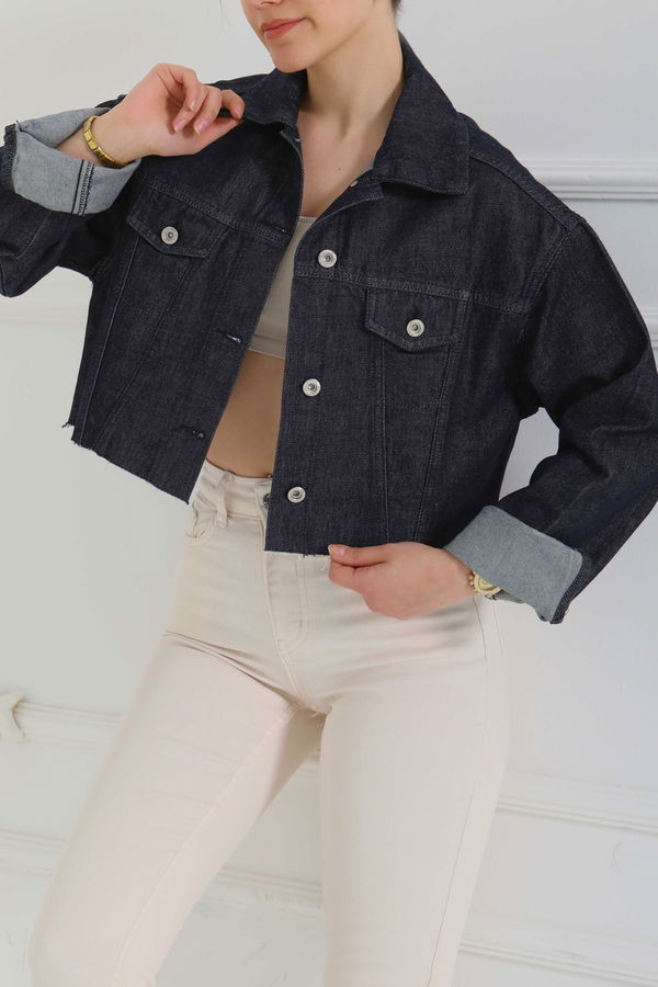 Kadın Çift Cepli Lazer Kesim Crop Kot Ceket  - 26582