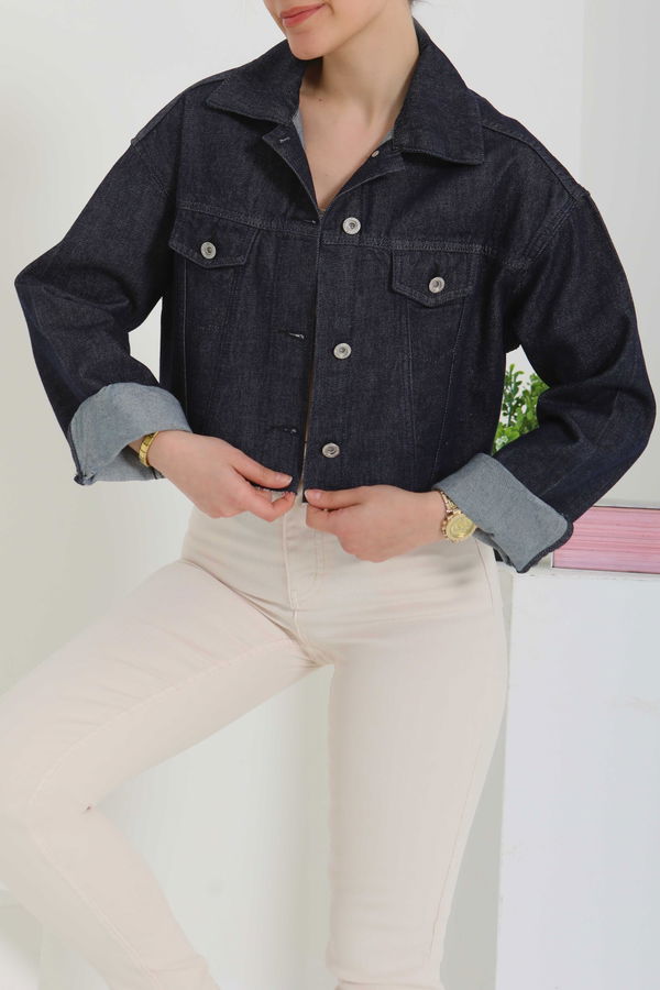 Kadın Çift Cepli Lazer Kesim Crop Kot Ceket  - 26582
