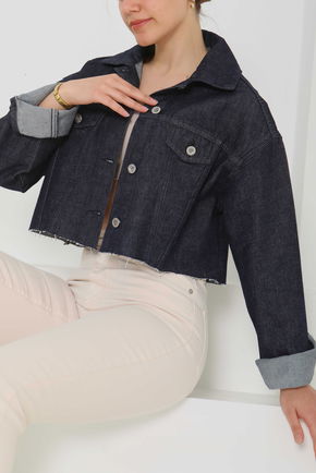 Kadın Çift Cepli Lazer Kesim Crop Kot Ceket  - 26582