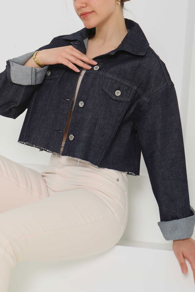 Kadın Çift Cepli Lazer Kesim Crop Kot Ceket  - 26582