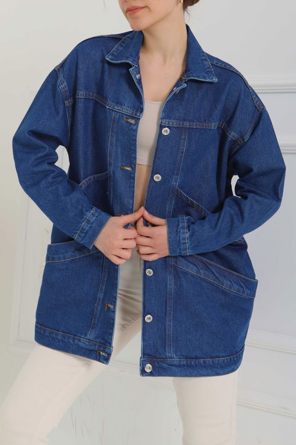 Kadın Oversize Çift Cep Detaylı Kot Ceket - 26589