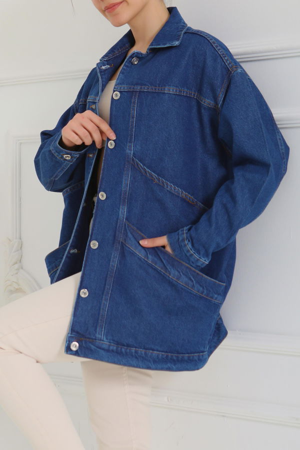 Kadın Oversize Çift Cep Detaylı Kot Ceket - 26589