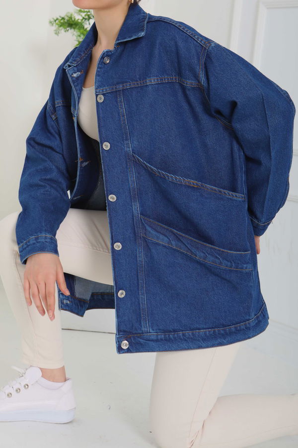 Kadın Oversize Çift Cep Detaylı Kot Ceket - 26589
