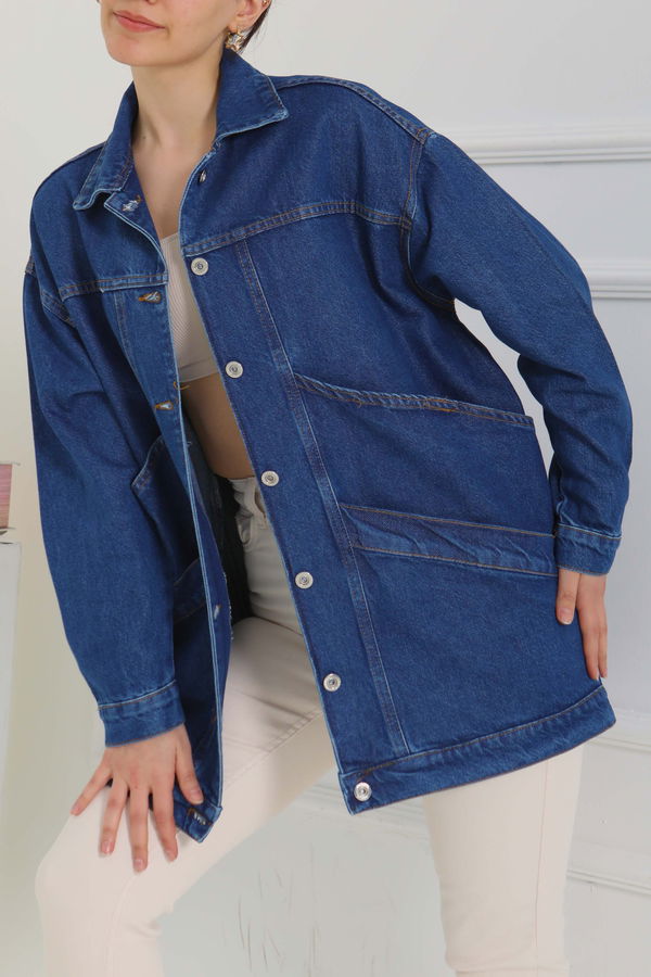 Kadın Oversize Çift Cep Detaylı Kot Ceket - 26589