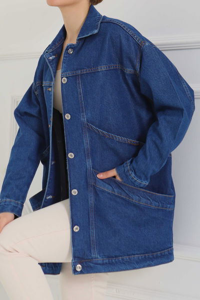 Kadın Oversize Çift Cep Detaylı Kot Ceket - 26589