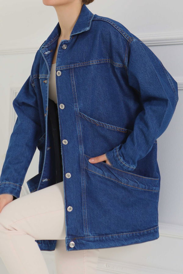 Kadın Oversize Çift Cep Detaylı Kot Ceket - 26589