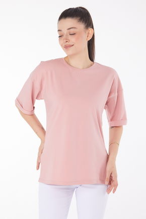 Düz Bisiklet Yaka Kadın Pembe T-Shirt - 25850