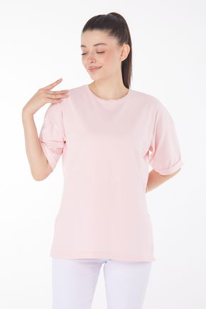 Düz Bisiklet Yaka Kadın Pembe T-Shirt - 25850