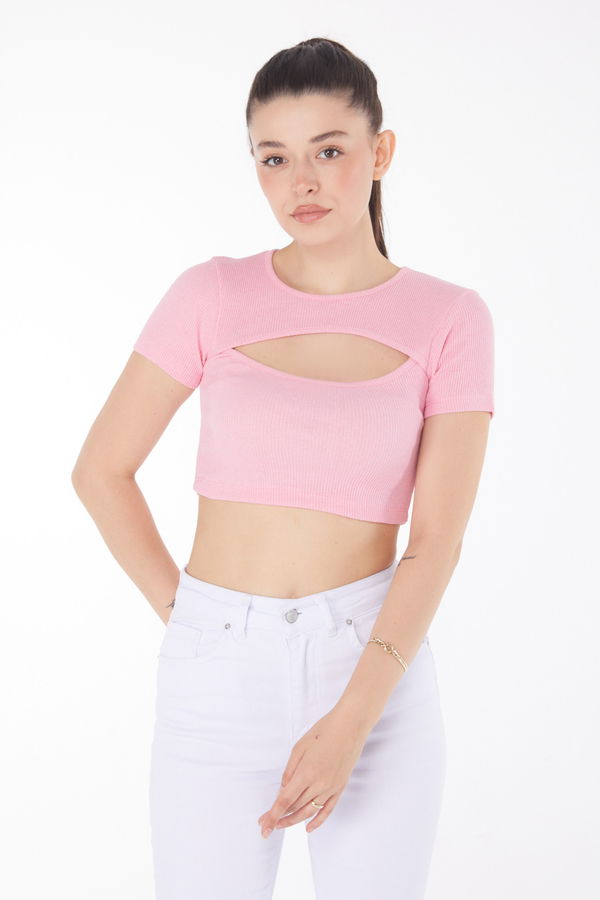 Düz Bisiklet Yaka Kadın Pembe Crop  - 25852