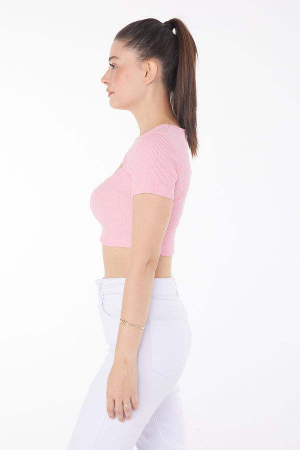 Düz Bisiklet Yaka Kadın Pembe Crop  - 25852