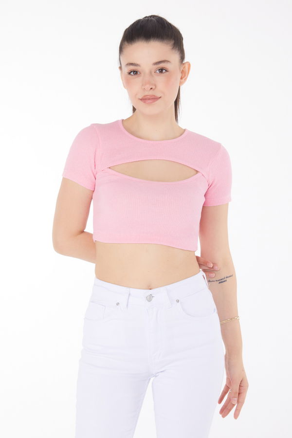 Düz Bisiklet Yaka Kadın Pembe Crop  - 25852