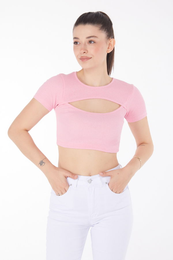 Düz Bisiklet Yaka Kadın Pembe Crop  - 25852